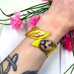 Pink and Gold Vintage Wrap Style Hinged Cuff Bracelet with Enamel Accents